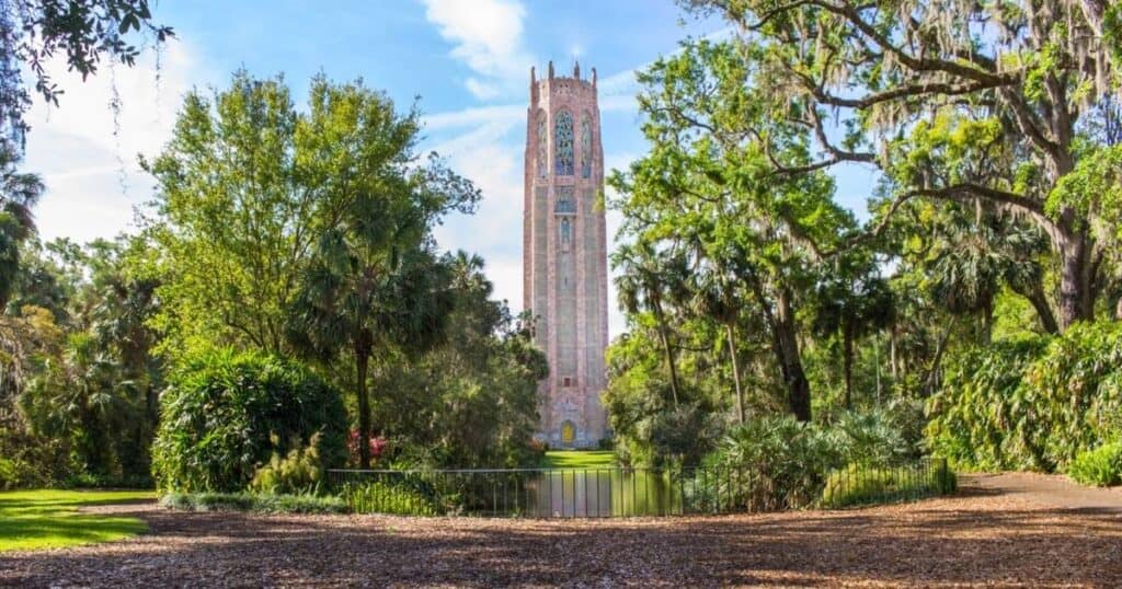 Singing Tower at Bok Tower Gardens rising above lush Central Florida gardens