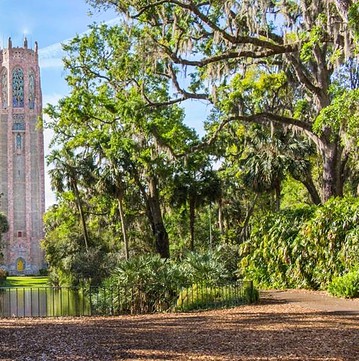 Singing Tower at Bok Tower Gardens rising above lush Central Florida gardens