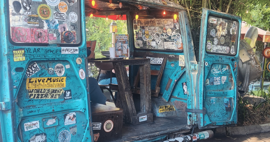 INSIDE THE FORD VAN AT SATCHEL'S PIZZA