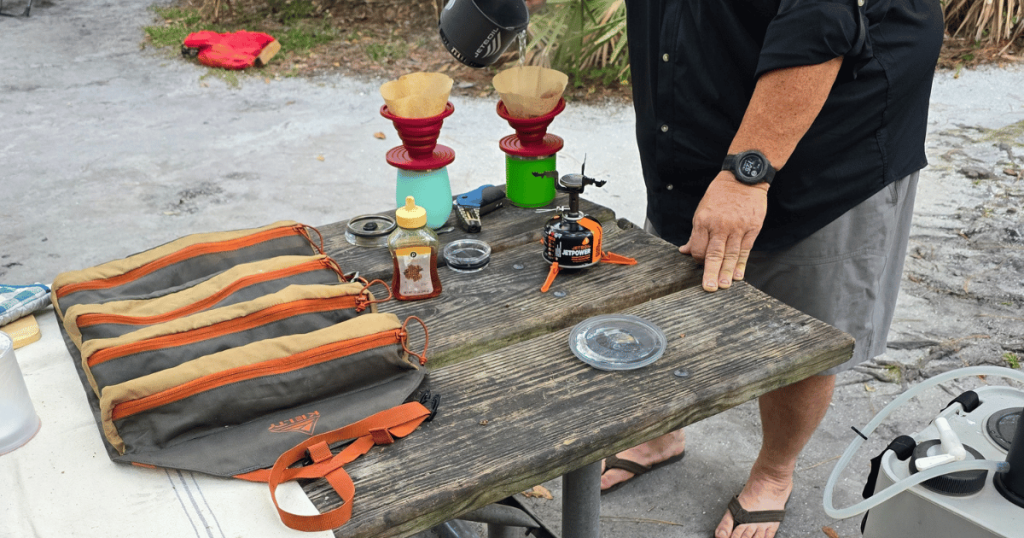 EASY CAMPFIRE BREAKFAST TACOS MAN MAKING COFFEE