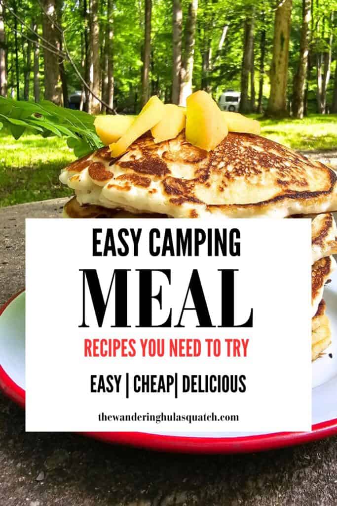 THIS IS AN IMAGE OF A PINTEREST PIN WITH A PLATE OF DELICIOUS PANCAKES OUTSIDE THE WOODS CAMPING