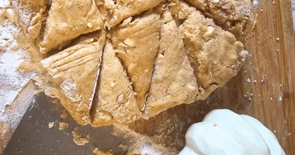 PUMPKIN WHITE CHOCOLATE SCONES WITH BOURBON MAPLE GLAZE SCONES CUT