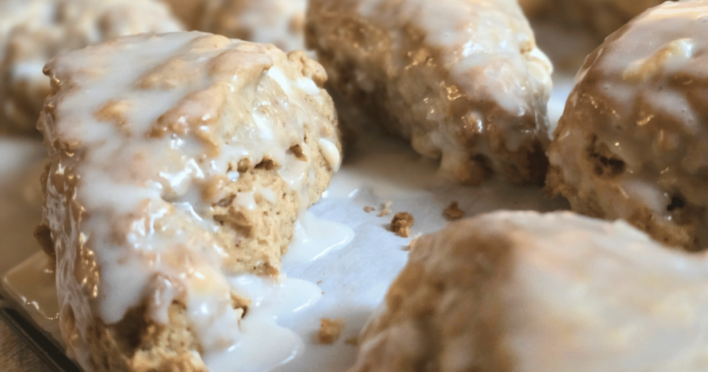 PUMPKIN WHITE CHOCOLATE SCONES WITH BOURBON MAPLE GLAZE SCONE WITH WHITE BOURBON MAPLE GLAZE
