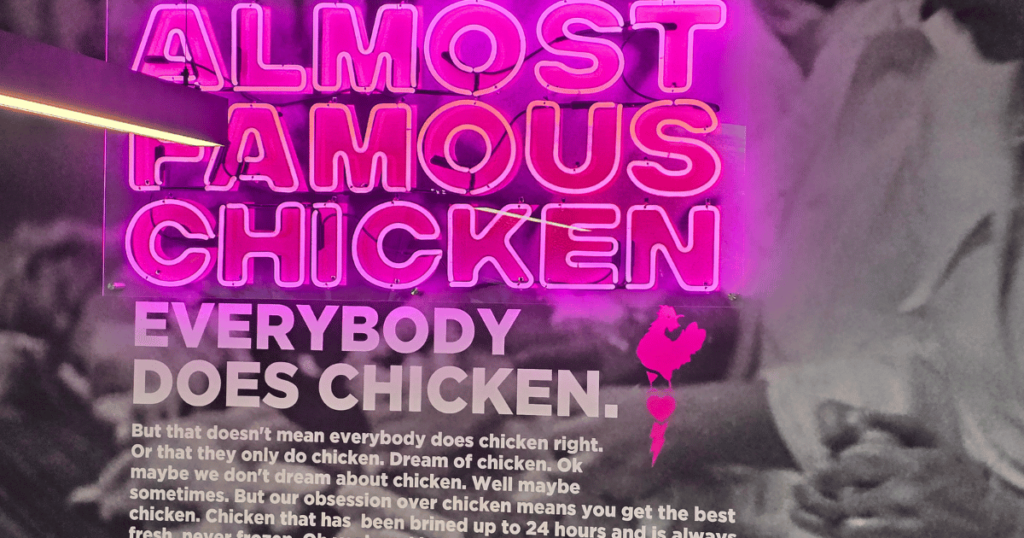 LOVEBIRD ALMOST FAMOUS CHICKEN CENTRAL FLORIDA HIDDEN GEM neon sign