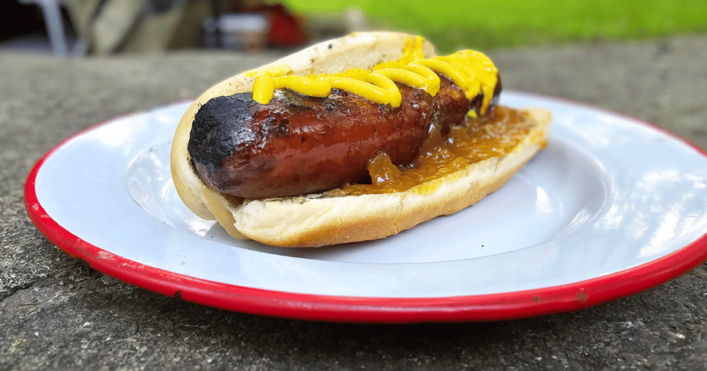 BEGINNERS GUIDE TO CAMPING THIS IS AN IMAGE OF A HOT DOG ON A PLATE
