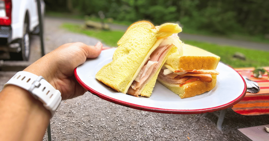 BRGINNER'S GUIDE TO CAMPING THIS IS AN IMAGE OF A SANDWICH ON A PLATE