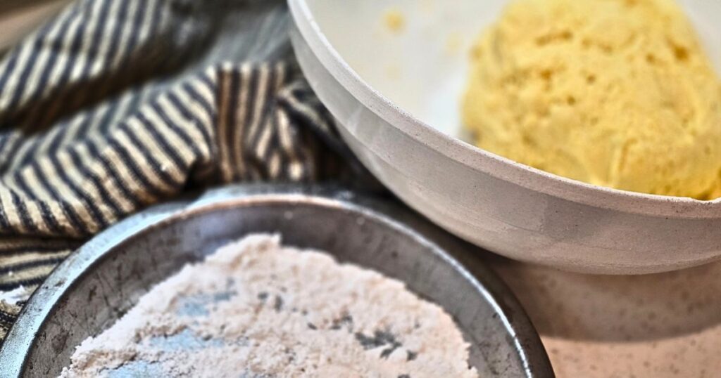 this is an image of a pie plate with flour in it