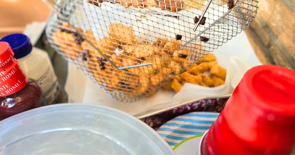 THIS IS AN IMAGE OF FRIED FISH BEING DUMPED FROM A BASKET AT A SOUTHERN FISH FRY