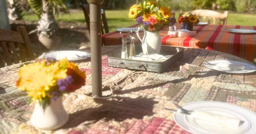 THIS IS AN IMAGE OF AN OUTDOOR TABLE SET