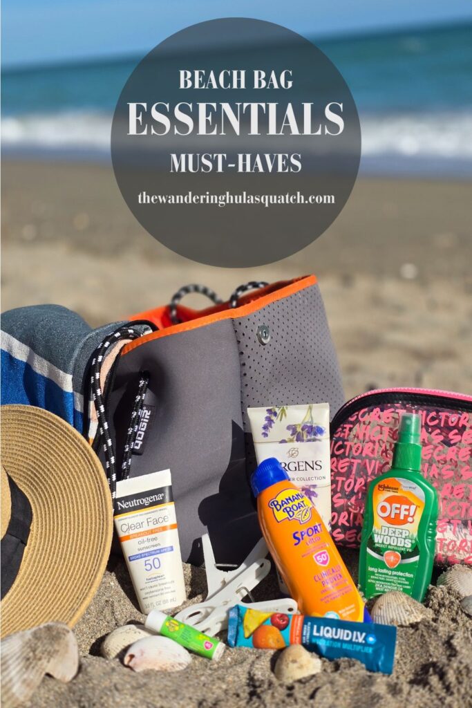 THIS IS AN IMAGE OF A PINTEREST PIN ABOUT BEACH BAG ESSENTIALS