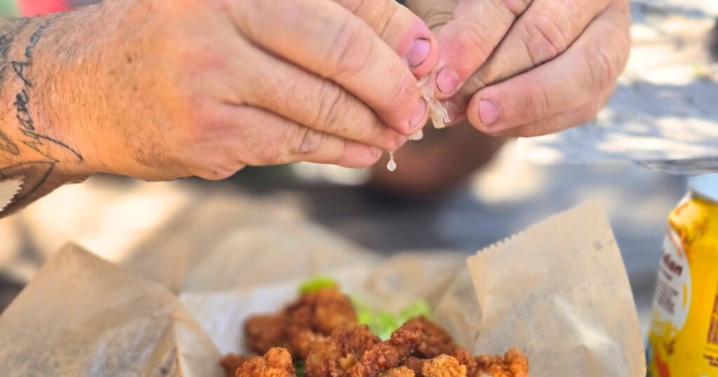 MYAKKA RIVER STATE PARK BASKET OF GATOR BITES AN D LEMON JUICE BEEING SQUEEZED ON IT