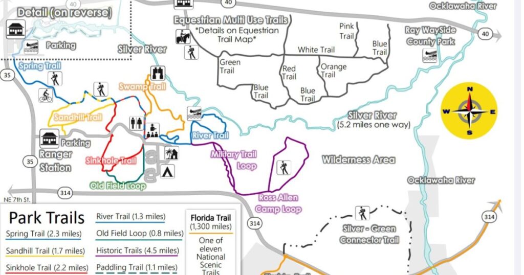 River Trail map hiking trail in the Silver River area with scenic views and trail icons.