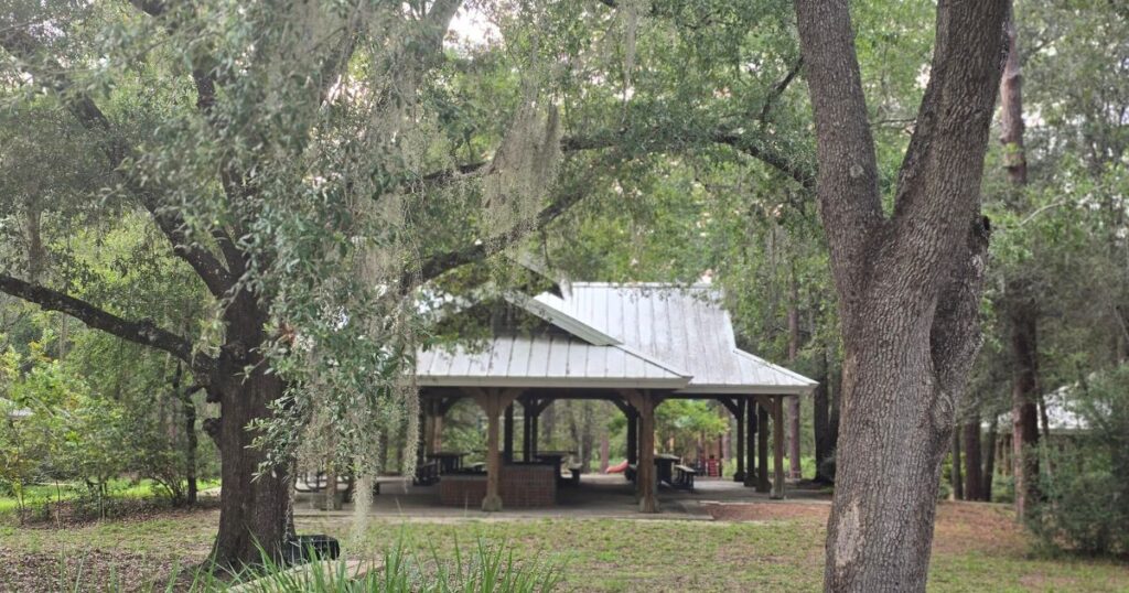 Old oak trees and a park pavilion in a lush, shaded outdoor setting, perfect for nature lovers and outdoor activities.
