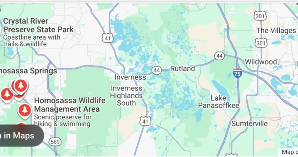 Crystal river preserve state park map, Florida nature trails wildlife habitat.