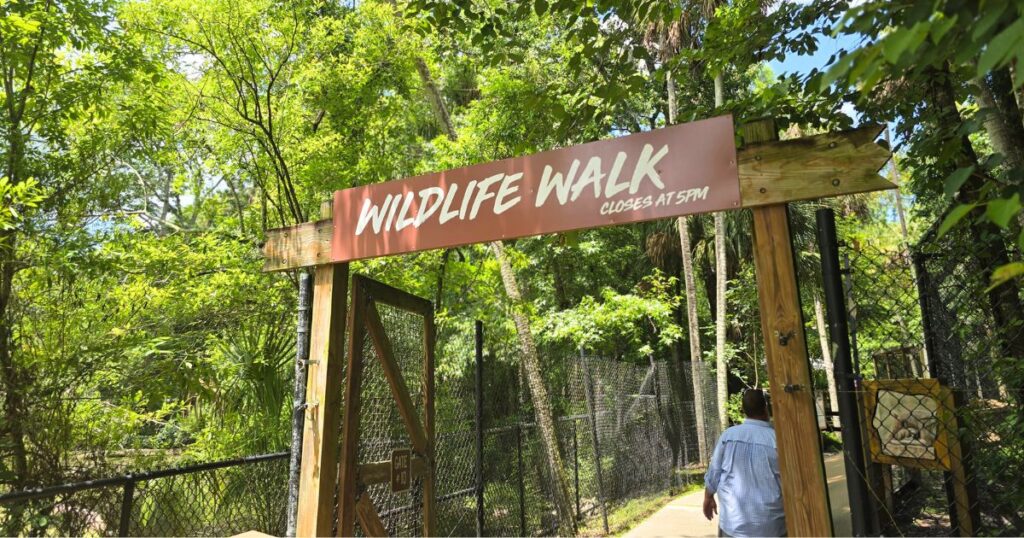 Wildlife walk entrance sign at lush forest park, nature walk with trees and greenery.