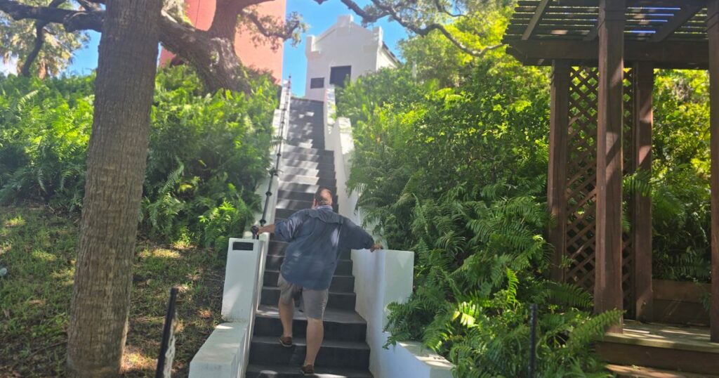 Climber ascending outdoor staircase surrounded by lush greenery in Hawaii.