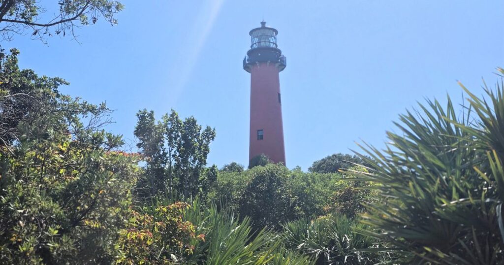Lighthouse on coastal greenery under a clear blue sky.