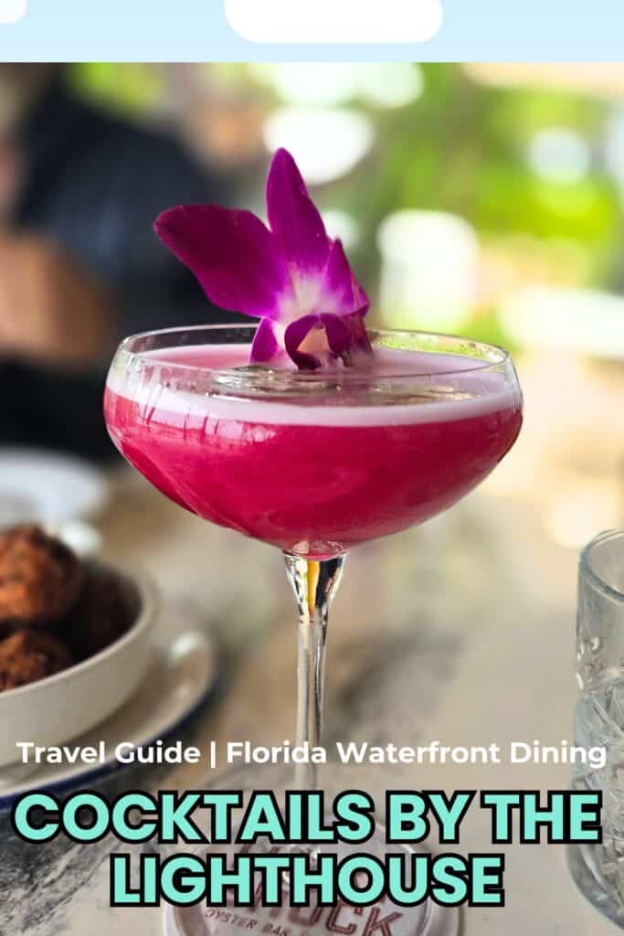 Pink hibiscus cocktail served in a martini glass with a purple flower garnish, perfect for Florida waterfront dining.