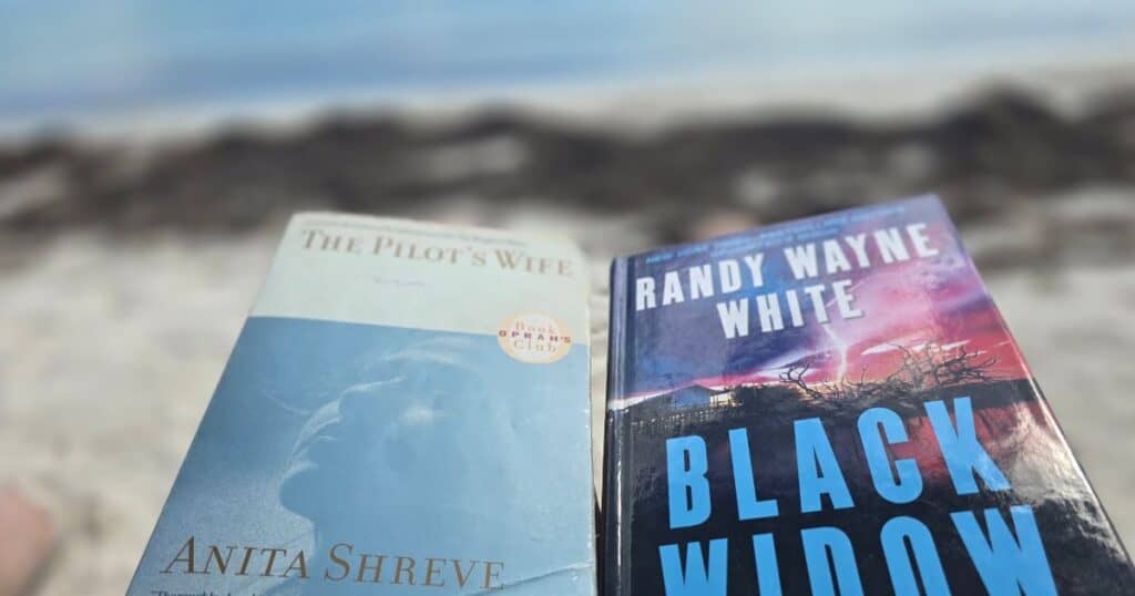 Books on a sandy beach with ocean background, featuring "The Pilot's Wife" and "Black Widow" by Randy Wayne White.