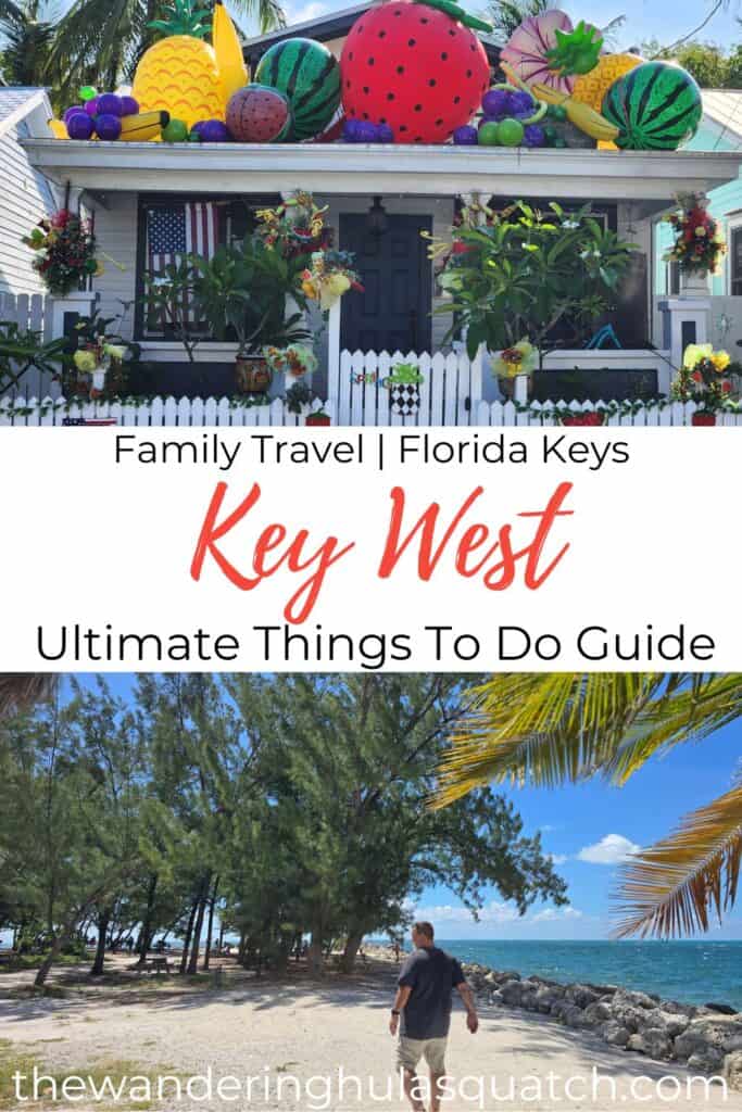 Colorful fruit-themed inflatable decorations on Florida Keys house roof.