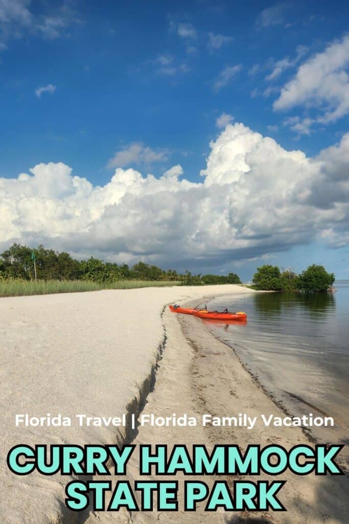 PINTEREST PIN WITH A LARGE PHOTO OF KAYAKS ON THE BEACH AT CURRY HAMMOCK STATE PARK