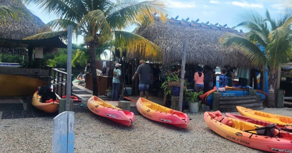Kayaks available for rent at Geiger Key Marina fish camp, Florida Keys water activities
