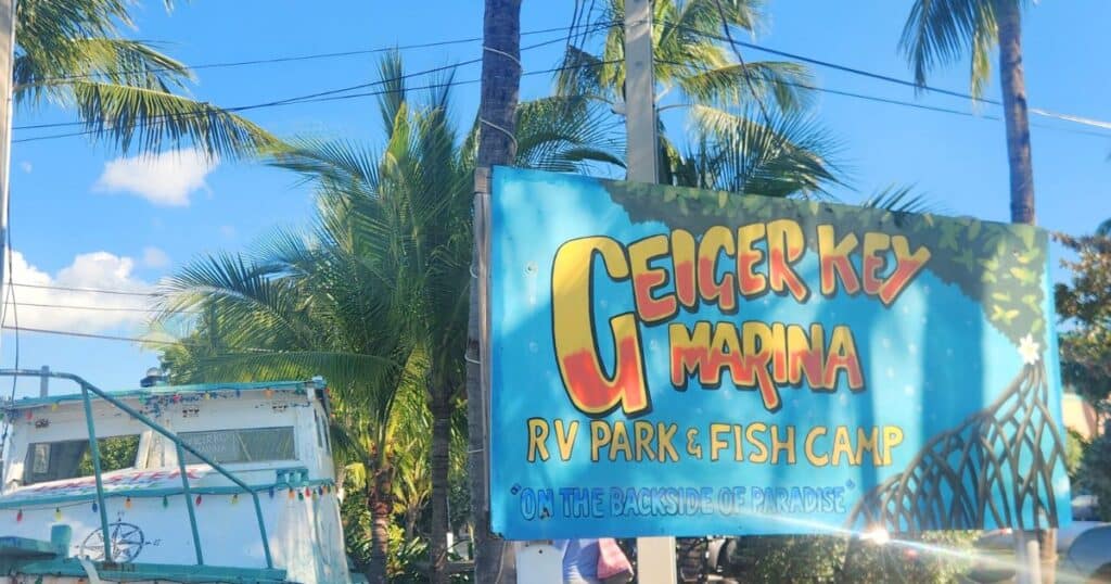 Geiger Key Marina fish camp restaurant sign, waterfront dining near Key West Florida Keys