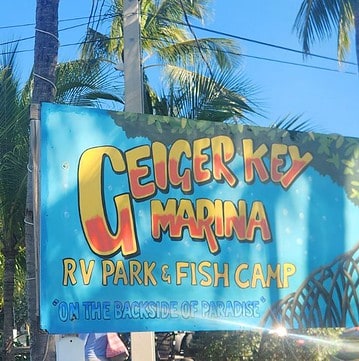Geiger Key Marina fish camp restaurant sign, waterfront dining near Key West Florida Keys